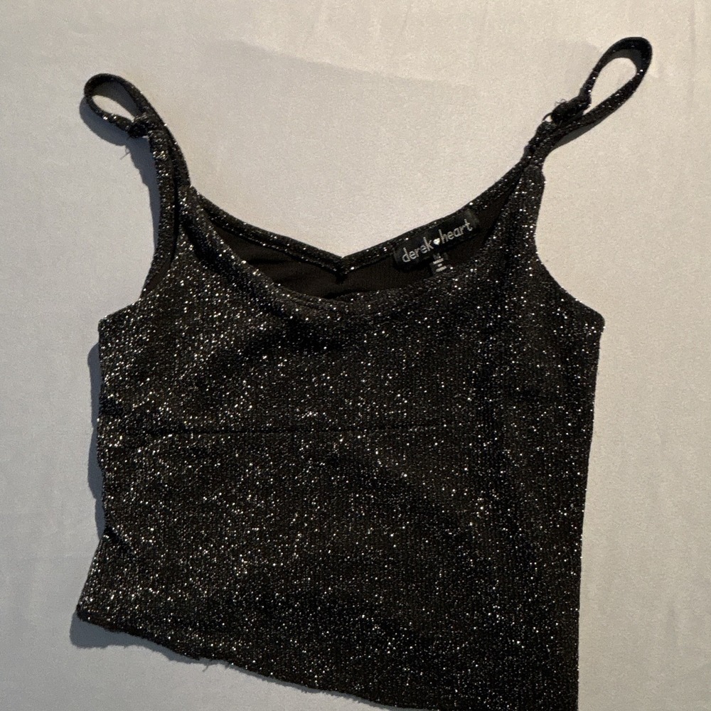 Derek Heart Womens Black Silver Metallic Glitter Camisole Crop Top V-Neck Medium